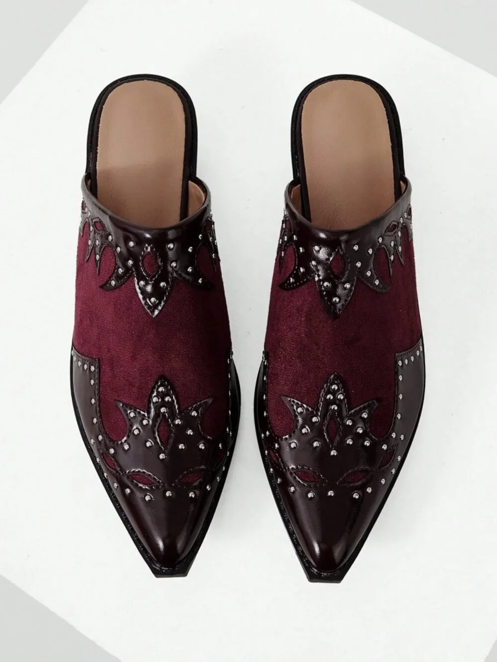 Burgundy Casual Women's Textured Patchwork Mule Chunky Heel Slip-On Shoes